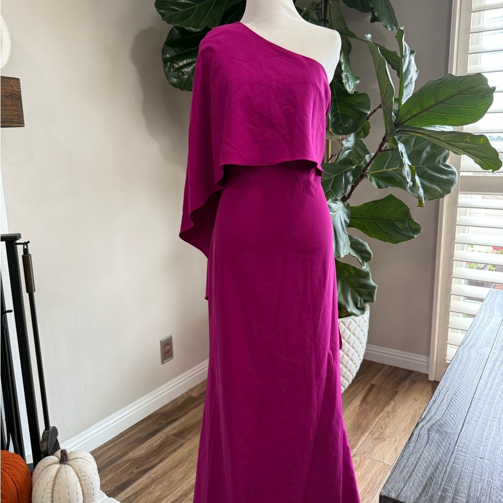 Vince Camuto fuchsia Asymmetrical Gown with Flutter Sleeves